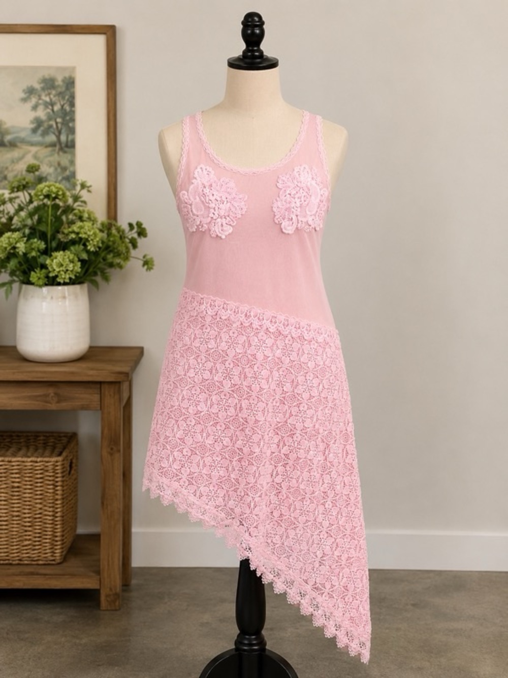 Pink Lace Asymmetric Slip Dress